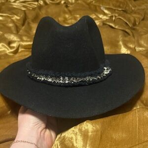 Anthropologie Black Fedora with Metallic Detail